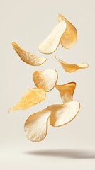 Poster - Thinly sliced and perfectly fried potato chips gracefully levitate against a smooth, neutral backdrop, creating a visually appealing display of deliciousness