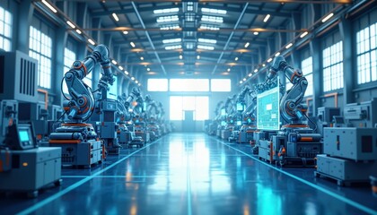 Poster - Futuristic smart factory interior shows automated machinery, robots. Advanced tech controls production process. Robots assemble products on assembly line. Modern devices monitor entire process in