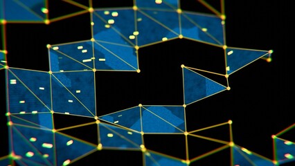 Poster - Futuristic Geometric Network with Blue and Yellow Elements on Black Background