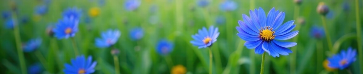 Blue cornflowers with yellow petals against a green stem, plant, cornflower, field