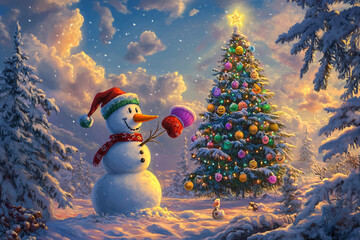 Poster - Festive snowman and decorated Christmas tree in snowy winter landscape