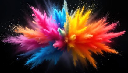 Poster - Colorful powder explosion on black background. Vivid vibrant colors burst outward in dynamic motion. Abstract artistic display of color, movement. High-speed photo captures temporary burst of