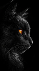 Poster - Profile of a black cat with glowing orange eye on dark background