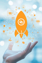 Wall Mural - Startup, hand shows a rocket and icons 