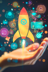 Wall Mural - Startup, hand shows a rocket and icons 