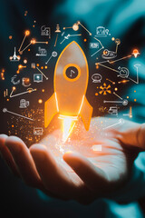 Wall Mural - Startup, hand shows a rocket and icons 