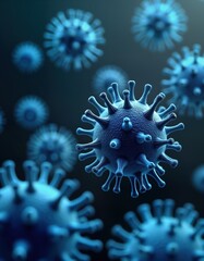 Poster - Microscopic view of floating virus cells. Dark background with multiple virus cells. Detailed 3D illustration of infectious agents. Closeup view of virus structure. Medical illustration of