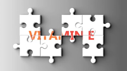 Poster - Vitamin E as a complex topic - pictured as word vitamin e on a puzzle pieces to show that vitamin e is a composite subject. Solving a puzzle. Pieces coming together to make a whole