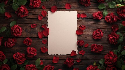 Wall Mural - Elegant blank paper surrounded by red roses on wooden table