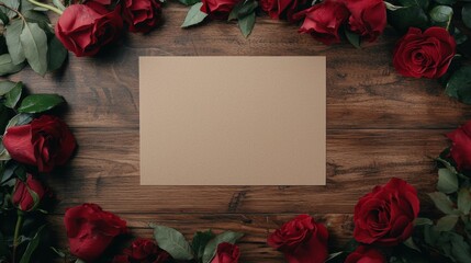 Wall Mural - Elegant blank card framed by red roses on wooden surface