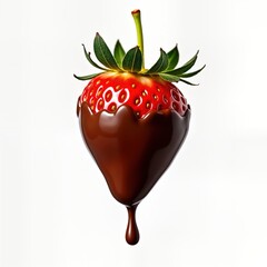 Wall Mural - Fresh strawberry coated in melted chocolate. Melted chocolate drips down. Juicy ripe strawberry. Delicious treat. Summer fruit. Healthy dessert. Seasonal fruit. Isolated on white background. Food