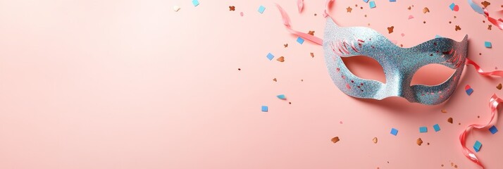 Poster - Beautiful carnival mask with glitter and pink ribbons on a pastel pink background decorated with colorful confetti, creating a festive and joyful atmosphere for celebration and entertainment