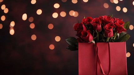 Wall Mural - Elegant red roses in a gift bag with festive bokeh background