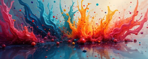 Poster - Colorful explosion of vibrant paints, liquids. Dynamic swirls, splashes of color mix creating abstract art. Colorful shapes, textures. High-colored paint. Abstract design. Fluid motion. Macro view of