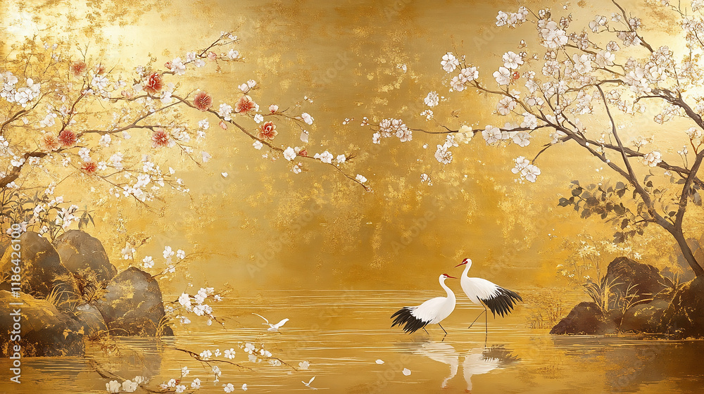 金箔の背景に描かれた池と鶴、桜と梅が彩る日本の伝統的な美 の Stock