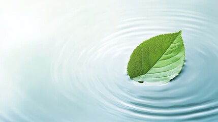 Poster - Green leaf gently floating on a rippling water surface, creating concentric circles and suggesting tranquility, purity, and connection with nature