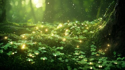 Poster - Enchanted Forest Floor with Glowing Moss and Delicate Green Clover Leaves