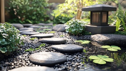 Poster - Tranquil Japanese Garden Pathway with Lantern and Zen Elements in Natural Light