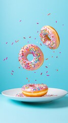 Aufkleber - Three delicious pink icing donuts with colorful sprinkles levitating over a white plate on a turquoise background, creating a playful and tempting scene