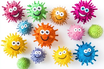 Aufkleber - Cheerful colorful microbes with smiling faces in vibrant arrangement on a bright background. Generative AI