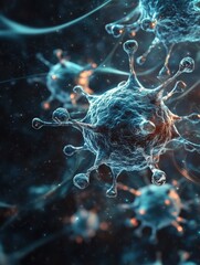 Poster - detailed 3d visualization of a virus with spikes and rna strands showcasing glowing molecular detail