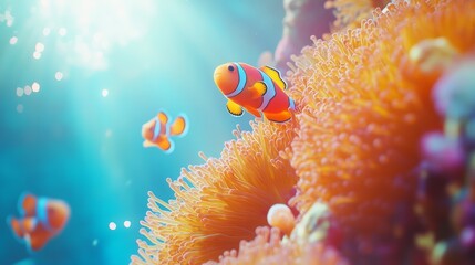 Aufkleber - Sunlight filters through the crystal clear water, illuminating a mesmerizing scene of clownfish gracefully navigating their coral reef habitat, creating a vibrant underwater spectacle
