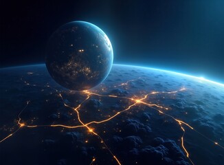 Aufkleber - Amazing view of Earth from space. Night lights of megacities form glowing lines across beautiful blue planet. Planet in deep space with clouds, city lights. Central European cities highlighted.