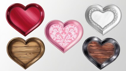 Wall Mural - Collection of Five Heart Shaped Decorative Trays Red Pink Wooden Silver and Metal Designs