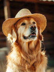 Aufkleber - Dog in straw hat enjoying a sunny day on a rustic farm surrounded by natural beauty and peaceful surroundings. Generative AI