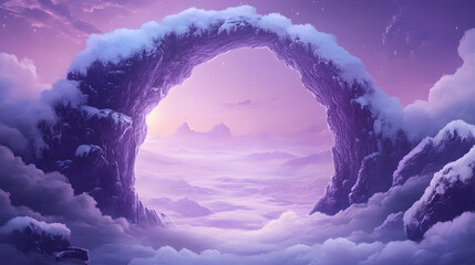 Poster - A mystical archway emerges from snowy clouds, revealing a serene landscape bathed in soft purple hues, evoking a sense of wonder and tranquility