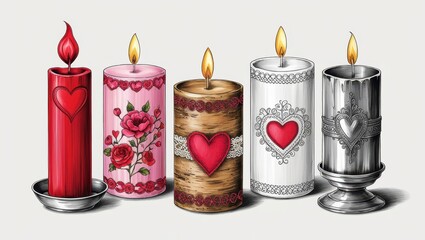 Wall Mural - Romantic Valentine s Day Candles Red Pink Wood Silver Decorated Candles with Hearts