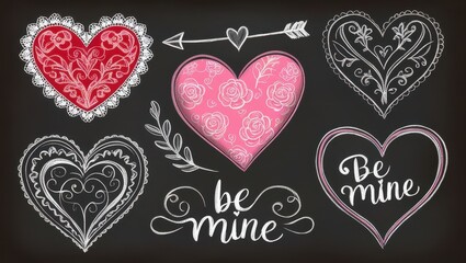 Wall Mural - Chalkboard Valentine s Day Hearts Design Romantic Hand Drawn Hearts Arrows and Be Mine Text