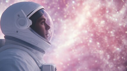 Wall Mural - astronaut in a white spacesuit looking into a starry pink nebula background space exploration and hu