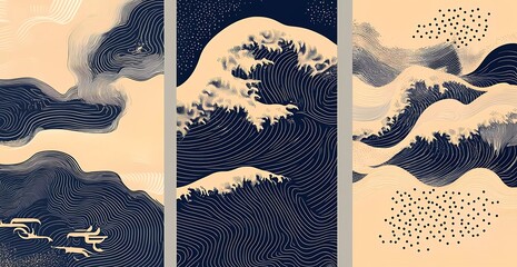 Poster - Abstract vector background with a traditional Japanese wave pattern in a line art style. Hand-drawn wavy lines and dots for the design of packaging, cover, or poster on beige and navy blue colors.