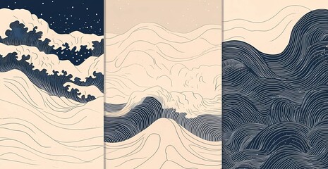 Poster - Abstract vector background with a traditional Japanese wave pattern in a line art style. Hand-drawn wavy lines and dots for the design of packaging, cover, or poster on beige and navy blue colors.