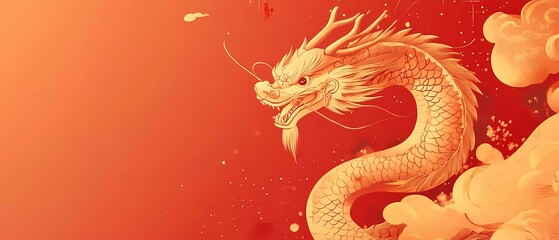 Wall Mural - Chinese New Year banner with a golden dragon, in a flat illustration style, vector design, greeting card template design.