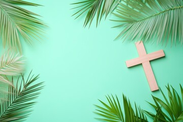 Wall Mural - Palm Sunday. Wooden christian cross and palm leaves on green pastel background, top view, copy space. Palm sunday festival concept.