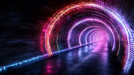 Poster - Vibrant abstract digital art depicting a futuristic neon soaked tunnel or corridor filled with a mesmerizing wave of captivating glowing lights and quantum fluctuations