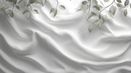 Wall Mural - White silk fabric with green leaves.