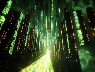 Aufkleber - vibrant abstract digital city with luminous geometrical structures and shimmering data flows pulsing