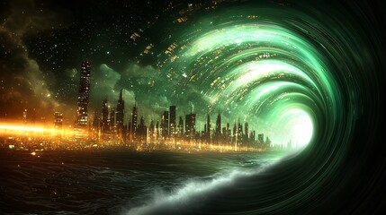 Fototapete - Captivating vibrant abstract digital city wave of shimmering kaleidoscopic light pulses quantum fluctuations of luminous energy futuristic cityscape draped in an ethereal glow