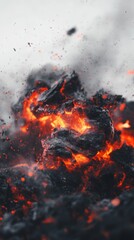 Poster - Close up of burning lava rocks emitting smoke and embers into the air, creating a dramatic and fiery scene of intense heat and geological activity