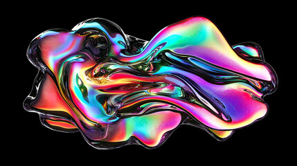 Fototapete - Bold Holographic Liquid Blob Shape Isolated, Featuring an Iridescent Wavy Melted Substance with a Vibrant Gradient Effect on a Black Background, Ideal for Modern Abstract Design and Futuristic Art