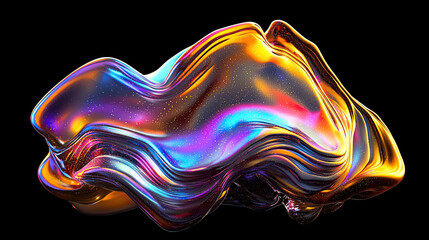 Fototapete - Bold Holographic Liquid Blob Shape Isolated, Featuring an Iridescent Wavy Melted Substance with a Vibrant Gradient Effect on a Black Background, Ideal for Modern Abstract Design and Futuristic Art