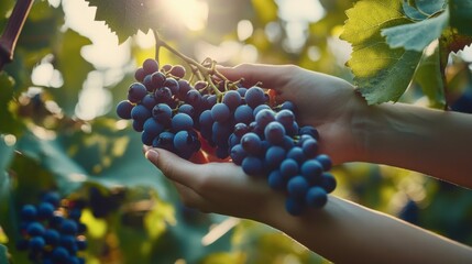 Wall Mural - Harvest Sunset: Hands gently cradling a cluster of ripe, dark-purple grapes, bathed in the warm golden light of the setting sun within a lush vineyard.