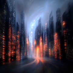 Poster - pulsing waves of luminous energy surge through a futuristic digital metropolis as kaleidoscopic ligh