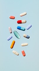 Poster - Assorted pharmaceutical medicine pills, tablets and capsules falling or dropping on a light blue background, representing medical treatment, healthcare and well being