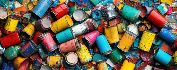 Paint cans, colorful containers scattered on a textured surface with bright hues The image captures a chaotic arrangement of used paint cans and vibrant colors