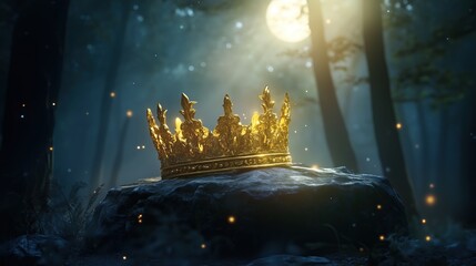 Wall Mural - golden king or queen crown on stone in dark mystical fantasy forest. fairy tale concept
