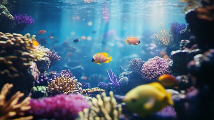 Aufkleber - Sunlight filters through the crystal clear water, illuminating a diverse array of coral and colorful fish, creating a mesmerizing underwater scene teeming with life and beauty